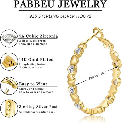 PABBEU S925 Sterling Silver Hoop Earrings for Women Cubic Zirconia Hypoallergenic Lightweight Dainty Heart Large Silver Hoop Earrings for Women 30/40mm in Kuwait