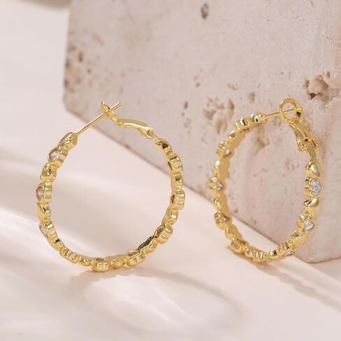 PABBEU S925 Sterling Silver Hoop Earrings for Women Cubic Zirconia Hypoallergenic Lightweight Dainty Heart Large Silver Hoop Earrings for Women 30/40mm in Kuwait