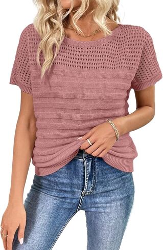 Shewin Womens Swensters Crew Neck Stirts Shorts Summer Tops Metkollow Hollow Out Thirts Sweater Blouses in Kuwait