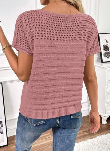 Shewin Womens Swensters Crew Neck Stirts Shorts Summer Tops Metkollow Hollow Out Thirts Sweater Blouses in Kuwait