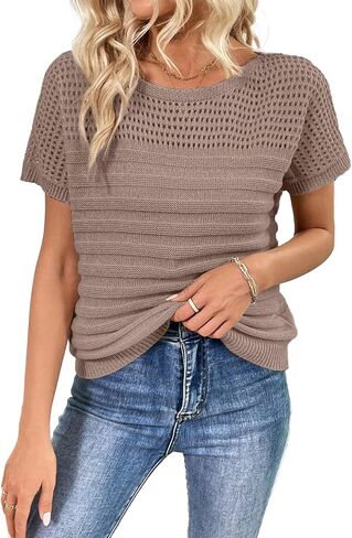 Shewin Womens Swensters Crew Neck Stirts Shorts Summer Tops Metkollow Hollow Out Thirts Sweater Blouses in Kuwait