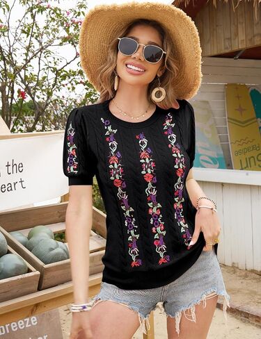 Cicibird Womens Short Sleeve Sweater لطيف المطرز مسحلة الكابلات غير الرسمية قمم الصيف in Kuwait