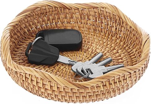 Hipiwe Round Key Basket Bowl للمدخل 7.3 "طبيعية فاكهة الفاكهة سلة الخوص المنسوجة التي تقدم صينية راتان منظم سلال زخرفية لمطبخ غرفة المعيشة بجانب السرير in Kuwait