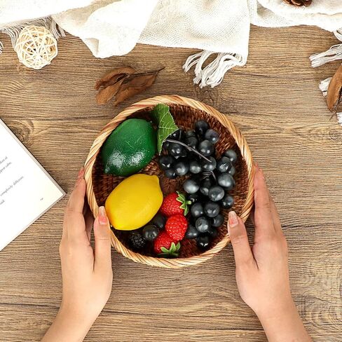 Hipiwe Round Key Basket Bowl للمدخل 7.3 "طبيعية فاكهة الفاكهة سلة الخوص المنسوجة التي تقدم صينية راتان منظم سلال زخرفية لمطبخ غرفة المعيشة بجانب السرير in Kuwait