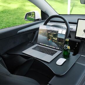 Yonzee قابلة للطي علبة الطعام (طبعة الكربون) لنموذج Tesla Model Y Model 3 - طاولة ترقية مع ساق الدعم لتناول الطعام ، وأعمال في السيارة ، والسفر والخارجية (حزمة واحدة)
