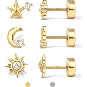 Dochais Flat Back Stud Earrings for Women and Men, Hypoallergenic 14k Gold Plated 925 Sterling Silver Post Stud Earrings Set, Gold and Silver Earrings with Screw for Sensitive Ears, Ideal for Helix, Tragus, and Cartilage Piercings