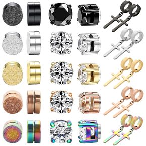 NEWITIN 15 Pairs Magnetic Stud Earrings for Men Clip on Earrings Stainless Steel Magnet Earring Unisex Dangle Cross CZ Hoop Magnetic Stud Earring Set for Men Women