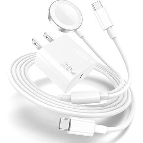 شاحن ساعة Apple، شاحن USB C سريع 2 في 1 مطور لهاتف iPhone 15 [معتمد من Apple MFi] كابل شحن مغناطيسي 6FT مع كتلة شاحن حائط 20 وات لسلسلة ساعات Apple SE/9/8/7/6/5/4/3/ 2/1 وايفون 15
