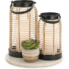 Natural Rattan Boho Lanterns - Handcrafted Decor to Enhance Your Home - Modern Farmhouse Beauty Perfect for Any Living Room, Patio & Porch, Indoor and Outdoor Coffee Table or Kitchen Dining Table