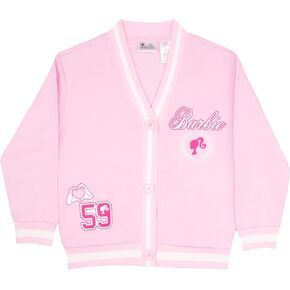 Barbie Girl's V-Neck Button Up Cardigan with Graphic Print and Embroidered Design - Long Sleeve Sweater with Pockets for Kids