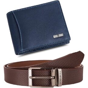 Mens Combo Wallet and Belt | Gift Set for Men | Gift Hamper for Boys | Wallets Men Leather (Navy+Brown)