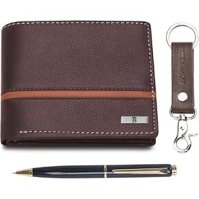 Denial Mens Leather Wallet Combo Gift Set | Leather Wallet, Key Ring & Pen Combo Valentine Gift Hamper | Branded Mens Wallet (Brown)