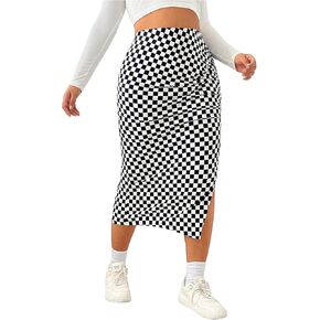 Verdusa Women's Plus Size Plaid Ruched Bodycon Skirts Split Midi Pencil Skirt