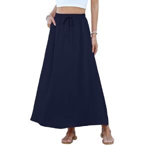 NILOUFO Women's Flowy High Waist A-Line Maxi Skirt - Summer Casual Lightweight Long Skirts with Pockets