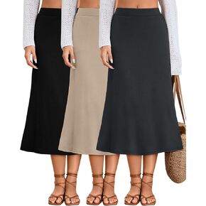 Huukeay 3 Pack Women's Midi Skirts with Pockets A Line Flared Stretchy High Waist Below Knee Skirt Dressy Summer Casual