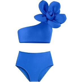 IDOPIP Girls 3D Flower One Shoulder Swimsuit Bikini Sets Kids Two Pieces Bathing Suits Ruffle Beach Swimwear Costume