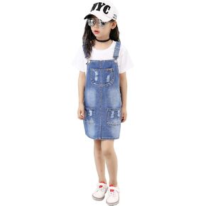 KIDSCOOL SPACE Girls Denim Overall Dress,Ripped Jeans Jumper