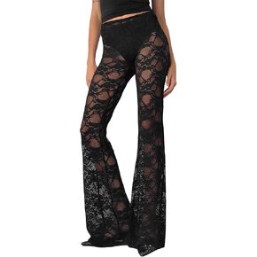 Iwollence Womens Sexy Lace Flare Pants مع طماق شبكية عالية الخصر