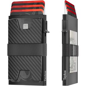 Mens Wallet Card Holder - Metal Pop Up Card Case, Real Carbon Fiber, Smart, Minimalist, RFID Blocking, Slim, Thin, Front Pocket - Holds up to 12 Cards and 10 Bills