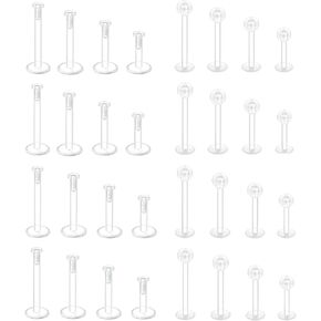 32pcs 16g واضحة صافية دفع أقراط ثقب البلاستيك العليا للعمل في حلقات الشفة Bioflex Labret Labret Helix Tragus Medusa Monroe Retainer للنساء 6 مم/8 مم/10 مم/12 ملم