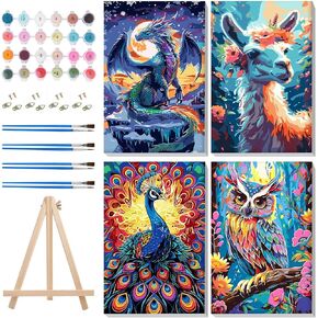 Miscer 4 Pack Paint by Numbers Kit للمبتدئين البالغين ، الطلاء البالغ من أدوات الأرقام على القماش مع Easel ، Giraffe Cowt Easy Paint بأرقام لأرقام هدية المبتدئين ديكور جدار المنزل 8x12 بوصة