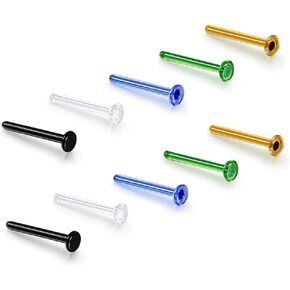 10pcs Glass Body Piercing Studs Retainers Set with O-Rings for Work, Sports, Surgery, Hypoallergenic, 18g/16g Flat Top Nose Studs for Nose, Ear, Lip, Tragus, Helix, Cartilage