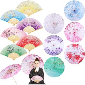 12 Pcs Oiled Paper Umbrella and Folding Hand Fan 32" Chinese Japanese Parasol Paper Fan for Wedding Party Cosplay