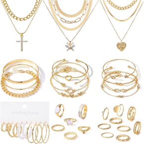 45 PCS Gold Jewelry مجموعة للنساء أقراط متدلية ، حلقات مفصل أنيقة ، أساور قابلة للتعديل وقلائد ، هدية عيد ميلاد مثالية للاحتفال بالذكرى ، حزمة مجوهرات عصرية