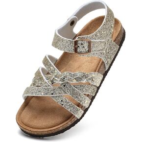 Torotto Girls Sandals with Cork Footbed Adjustable Buckle Casual Slides Sandals Open Toes Flat for Kids Toddler