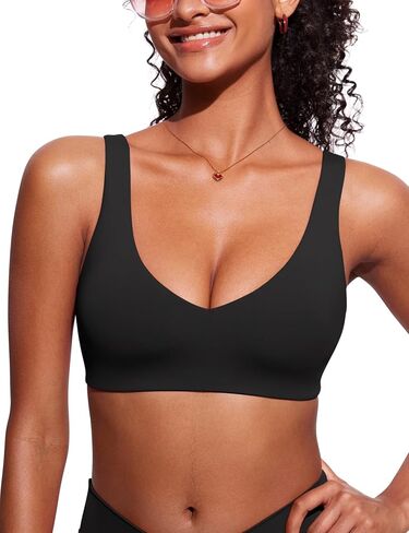 CRZ YOGA Womens V Neck Bikini Tops Bathing Suit V Back Wide Straps Swim Bra Padded Swimsuit in Saudi Arabia