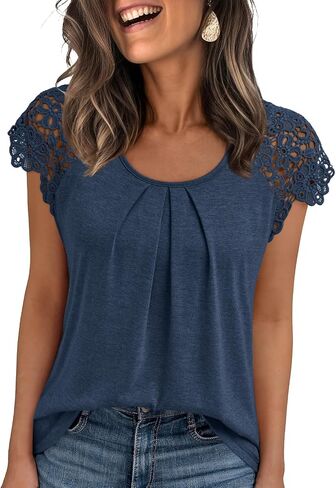 AUTOMET Womens Lace Tops Pleated Short Sleeve Shirts Summer Business Casual Dressy Blouses in Saudi Arabia