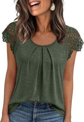AUTOMET Womens Lace Tops Pleated Short Sleeve Shirts Summer Business Casual Dressy Blouses in Saudi Arabia