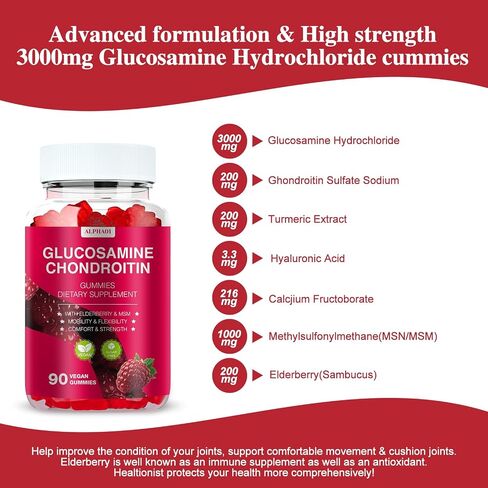 Glucosamine chondroitin Gummies - 3000 ملغ من مكملات دعم المشتركة بين MSM و Elderberry ، والمرونة ، ودعم المناعة المضاد للأكسدة للبالغين والرجال والنساء - 90 Raspberry Gummies in Kuwait