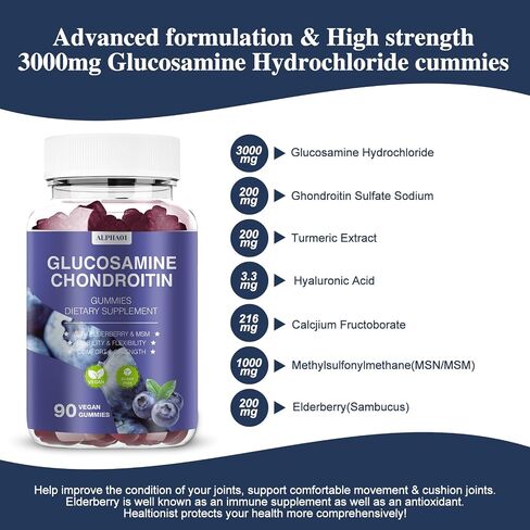 Glucosamine chondroitin Gummies - 3000 ملغ من مكملات دعم المشتركة بين MSM و Elderberry ، والمرونة ، ودعم المناعة المضاد للأكسدة للبالغين والرجال والنساء - 90 Raspberry Gummies in Kuwait