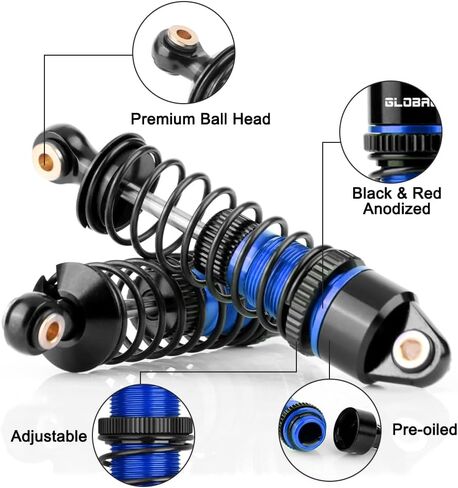 GLOBACT Aluminum Adjustable Shock Damper Oil Shock for ARRMA 1/18 Granite Typhon 1/16 Mojave GROM RC Truck Upgrade Parts Replace ARA330806 (Black Red) in Kuwait