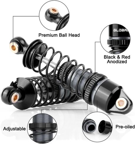 GLOBACT Aluminum Adjustable Shock Damper Oil Shock for ARRMA 1/18 Granite Typhon 1/16 Mojave GROM RC Truck Upgrade Parts Replace ARA330806 (Black Red) in Kuwait