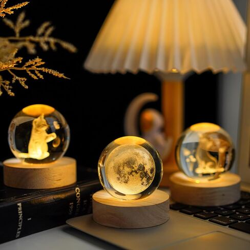 YU FENG 3D Carved Cat Crystal Ball with Luminous Base for Cat Lovers 2.36 Inches in Saudi Arabia