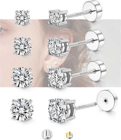 Hypoallergenic Flat Back Earrings for Women - 925 Sterling Silver Earrings for Sensitive Ears - Cartilage Earring Helix Conch Tragus Piercing Flatback Cubic Zirconia Earring Set Studs Men 2/3/4/5mm in Saudi Arabia