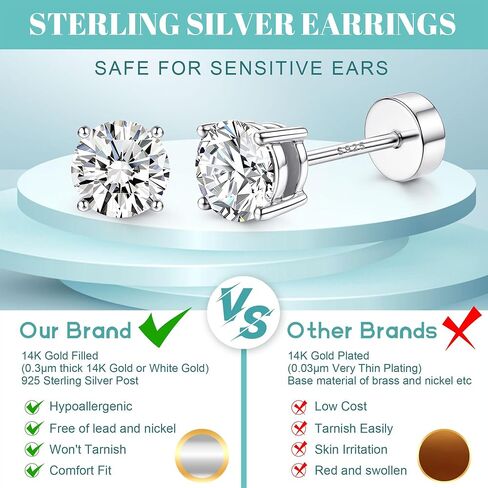 Hypoallergenic Flat Back Earrings for Women - 925 Sterling Silver Earrings for Sensitive Ears - Cartilage Earring Helix Conch Tragus Piercing Flatback Cubic Zirconia Earring Set Studs Men 2/3/4/5mm in Saudi Arabia