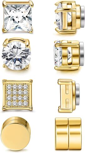 Jstyle 4 Pairs Stainless Steel Magnetic Stud Earrings for Men Women Gold CZ Non-Piercing Clip On Stud Earrings Set 6-8MM in Saudi Arabia
