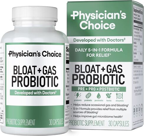 Physician's CHOICE Bloat & Gas Probiotic 5-in-1 Proactive Support + Daily Relief - Digestion & Gut Health- Herbals, Digestive Enzymes, Post & Prebiotics - Gas Relief for Adults - Women & Men - 30ct in Kuwait