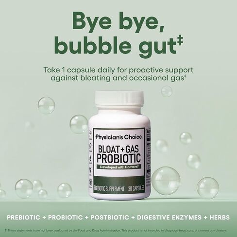 Physician's CHOICE Bloat & Gas Probiotic 5-in-1 Proactive Support + Daily Relief - Digestion & Gut Health- Herbals, Digestive Enzymes, Post & Prebiotics - Gas Relief for Adults - Women & Men - 30ct in Kuwait