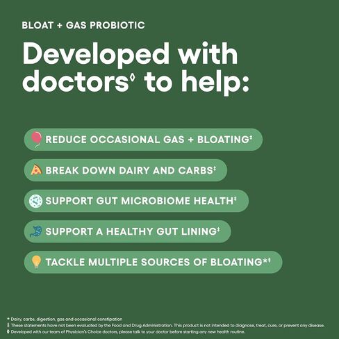 Physician's CHOICE Bloat & Gas Probiotic 5-in-1 Proactive Support + Daily Relief - Digestion & Gut Health- Herbals, Digestive Enzymes, Post & Prebiotics - Gas Relief for Adults - Women & Men - 30ct in Kuwait