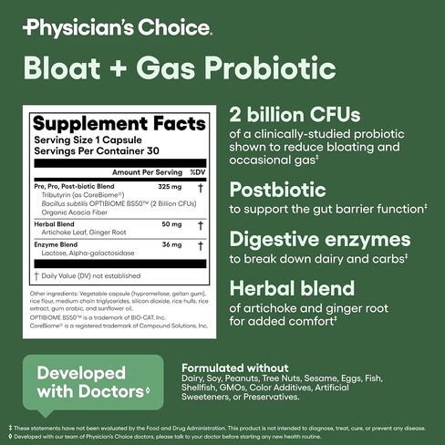 Physician's CHOICE Bloat & Gas Probiotic 5-in-1 Proactive Support + Daily Relief - Digestion & Gut Health- Herbals, Digestive Enzymes, Post & Prebiotics - Gas Relief for Adults - Women & Men - 30ct in Kuwait