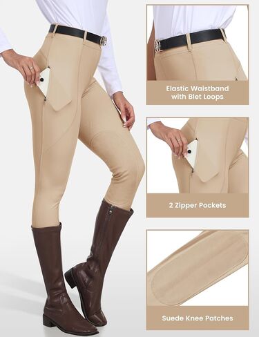 MoFiz Women's Horse Riding Pants Full Seat Silicon Knee-Patch Equestrian Breeches Horseback Schooling Tights Zipper Pockets in Saudi Arabia