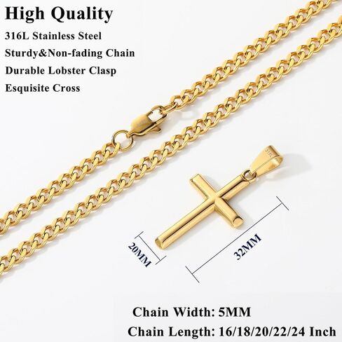 316L Stainless Steel Cross Necklace Graduation Gifts for Men Boys, Silver Gold Black Mens Boys Chain Necklaces 5mm Non-Fading Sturdy Cuban Chain with Cross Pendant Jewelry for Him 16-24inch in Saudi Arabia