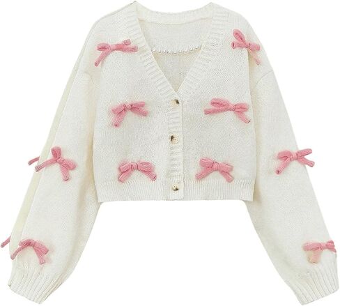 SHENHE Girl's Bow Button Down Knitted Cardigan V Neck Loose Cute Crop Sweater Outwear in Saudi Arabia