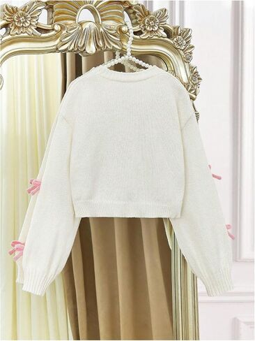 SHENHE Girl's Bow Button Down Knitted Cardigan V Neck Loose Cute Crop Sweater Outwear in Saudi Arabia