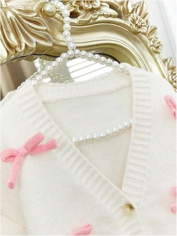 SHENHE Girl's Bow Button Down Knitted Cardigan V Neck Loose Cute Crop Sweater Outwear in Saudi Arabia