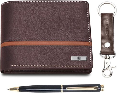 Denial Mens Leather Wallet Combo Gift Set | Leather Wallet, Key Ring & Pen Combo Valentine Gift Hamper | Branded Mens Wallet (Brown) in Kuwait
